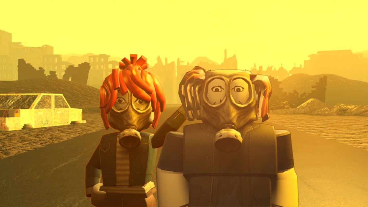 Two gas-masked survivors standing on a ruined yellow street in Nuclear Neighbors BETA