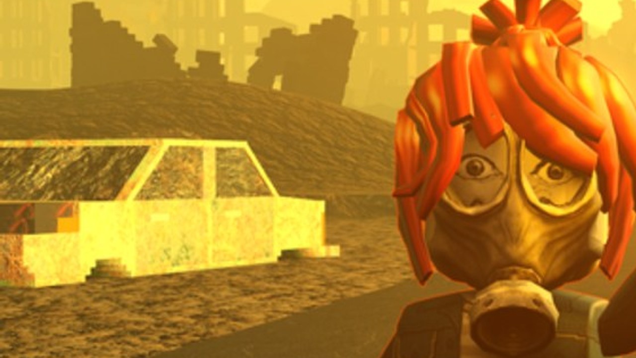 Wrecked car and ruined skyline beside a masked survivor in the Nuclear Neighbors BETA wasteland